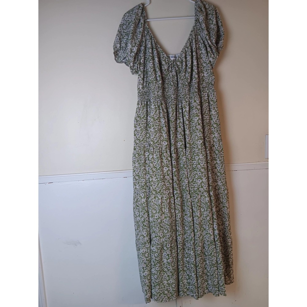 Arula Dress Womens 1X Green Floral Smocked Maxi Puff Sleeve Sundress V Neck